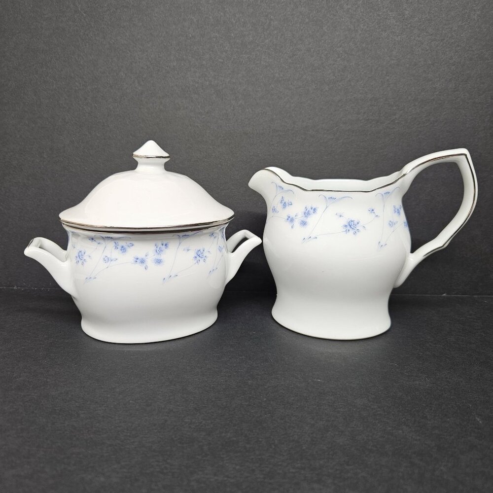 Premiere Blue Dawn Flower Silver Trim Creamer Sugar Bowl Set Vtg China ME113